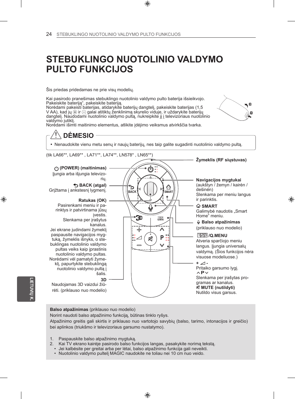 Stebuklingo nuotolinio valdymo pulto funkcijos, Dėmesio | LG 47LN613S User Manual | Page 324 / 552