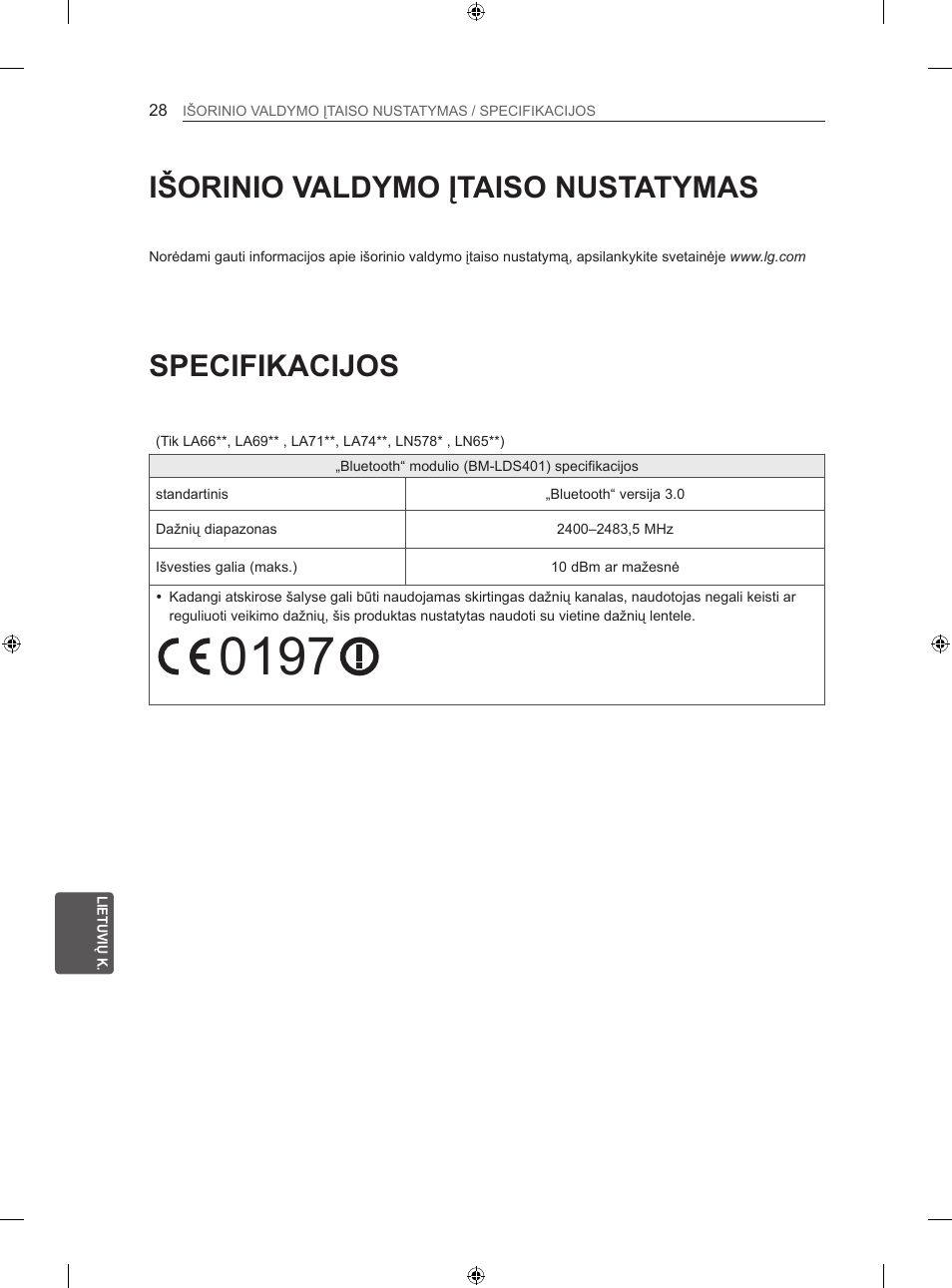Specifikacijos, Išorinio valdymo įtaiso nustatymas | LG 47LN613S User Manual | Page 328 / 552