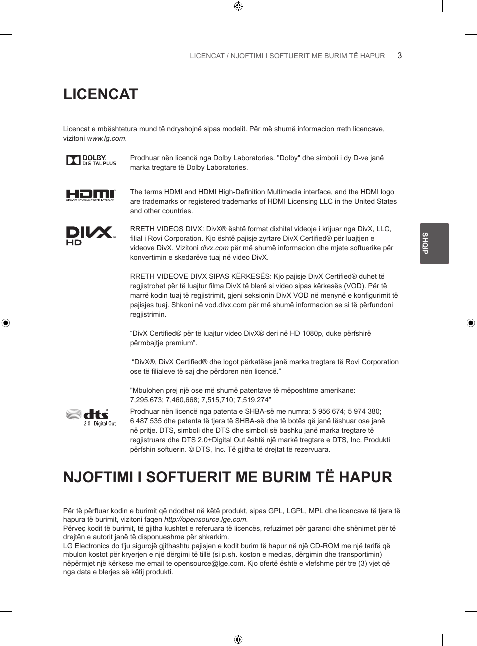 Licencat, Njoftimi i softuerit me burim të hapur | LG 47LN613S User Manual | Page 423 / 552