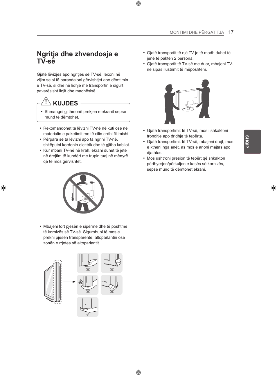 Ngritja dhe zhvendosja e tv-së, Kujdes | LG 47LN613S User Manual | Page 437 / 552