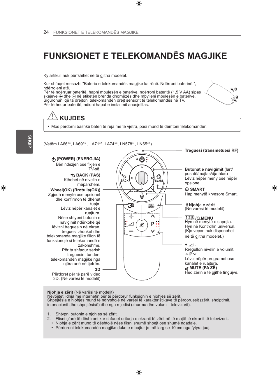 Funksionet e telekomandës magjike, Kujdes | LG 47LN613S User Manual | Page 444 / 552