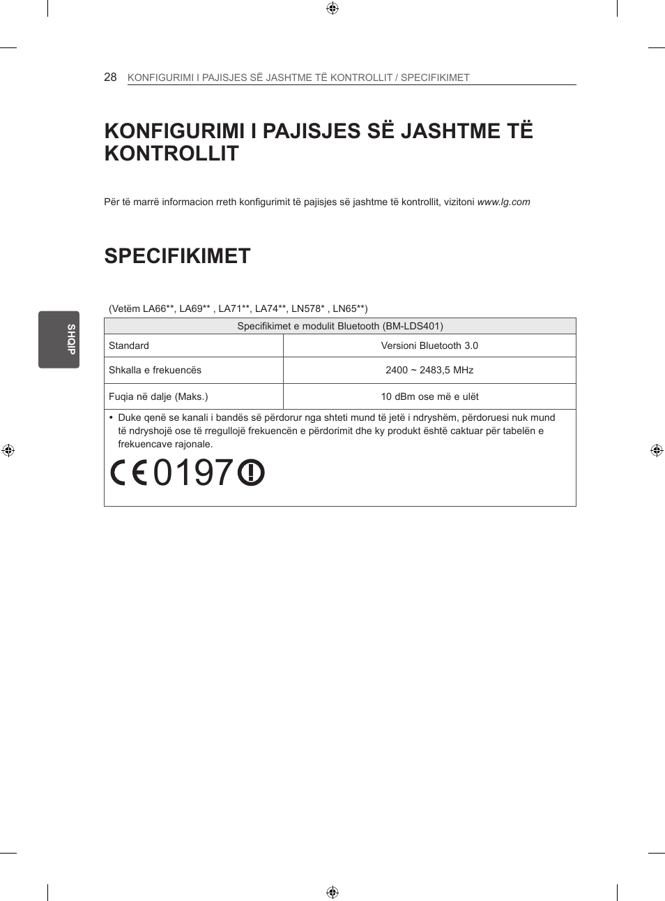 Specifikimet, Konfigurimi i pajisjes së jashtme të kontrollit | LG 47LN613S User Manual | Page 448 / 552