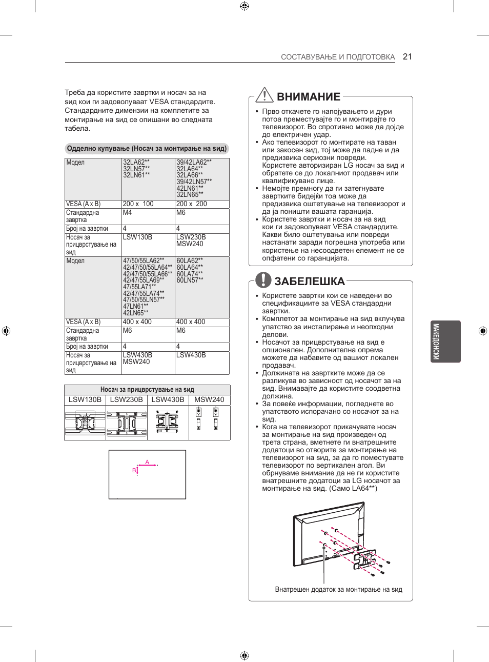 Внимание, Забелешка | LG 47LN613S User Manual | Page 501 / 552