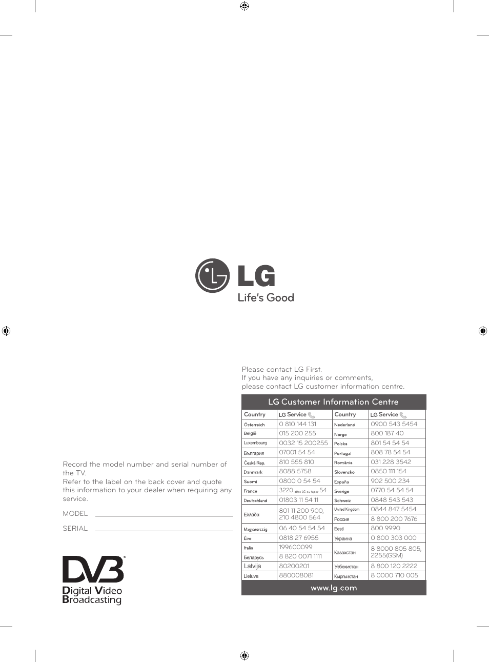 Customer information centre | LG 47LN613S User Manual | Page 552 / 552