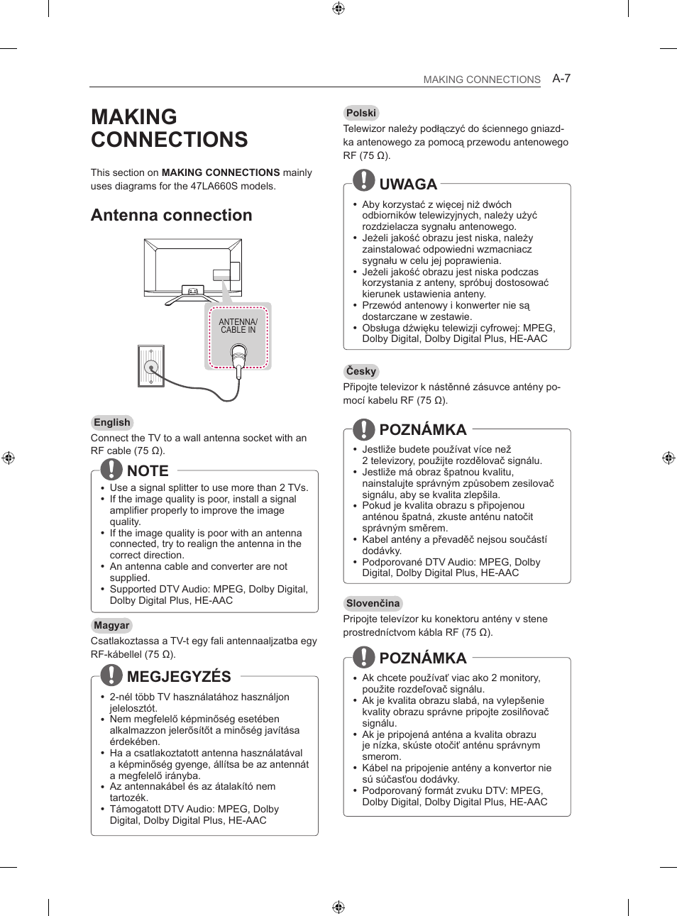 Ee_a-connection, Making connections, Antenna connection | Megjegyzés, Uwaga, Poznámka | LG 47LN613S User Manual | Page 7 / 552