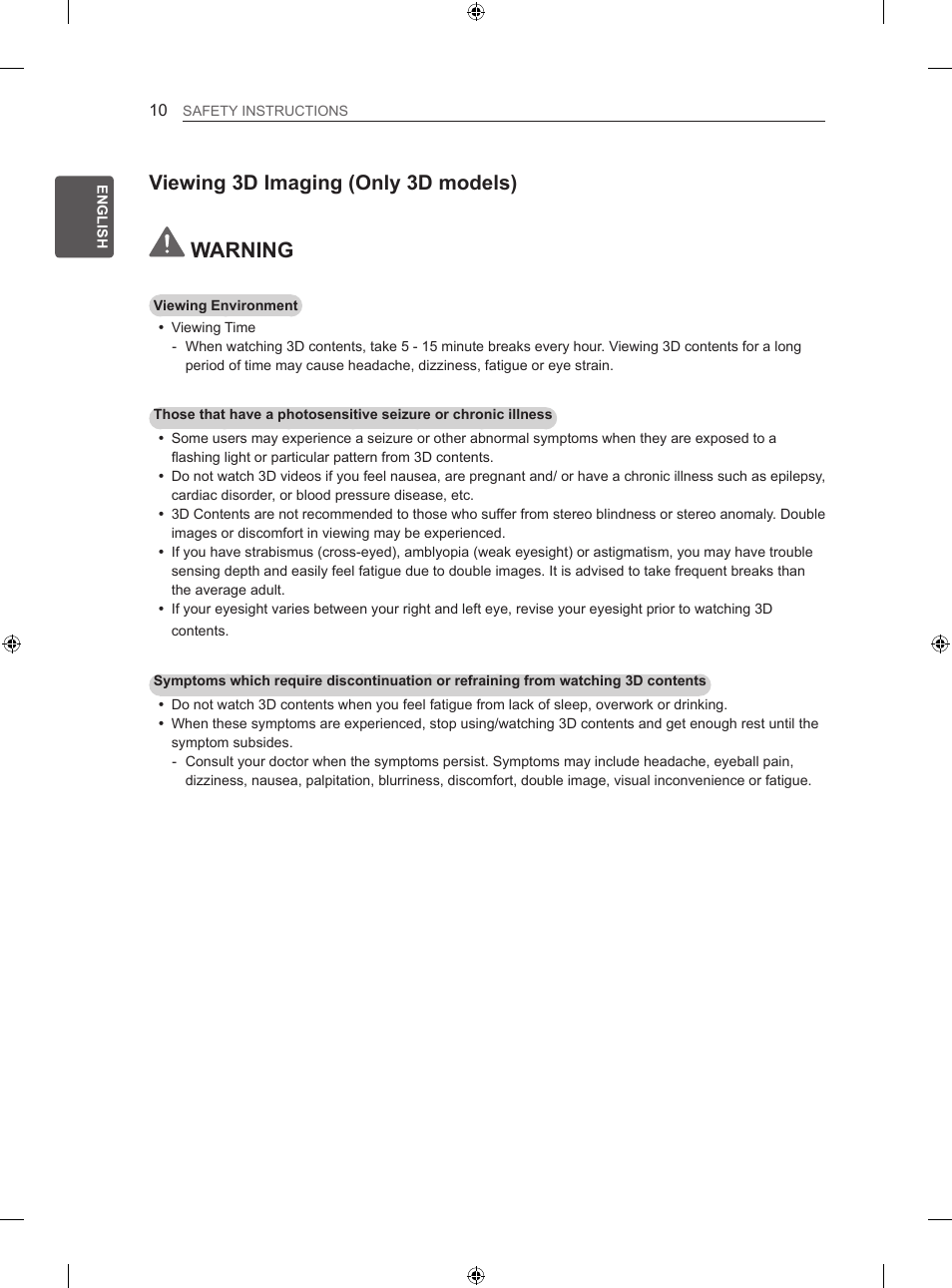 Warning, Viewing 3d imaging (only 3d models) | LG 47LN613S User Manual | Page 70 / 552