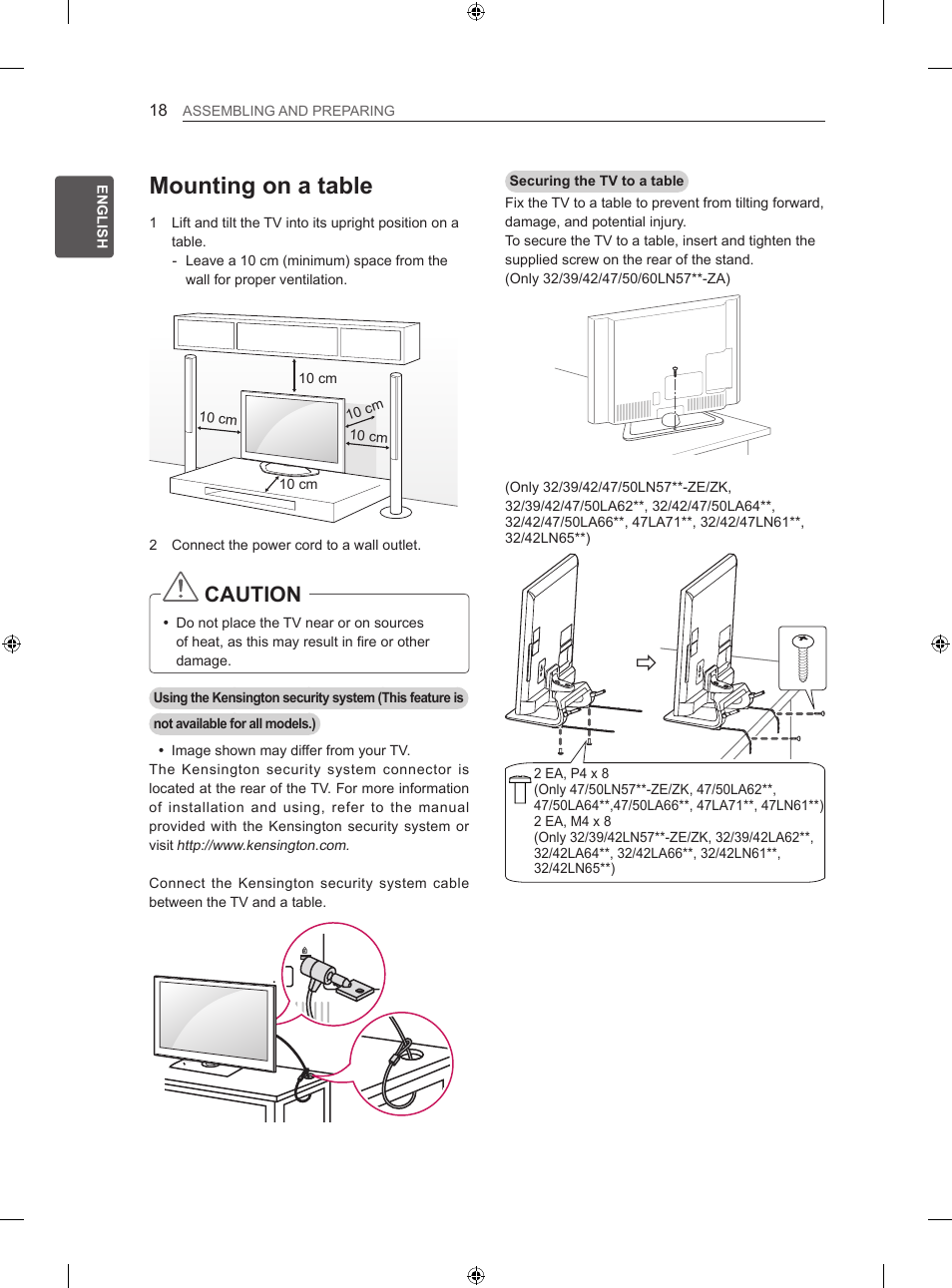 Mounting on a table, Caution | LG 47LN613S User Manual | Page 78 / 552