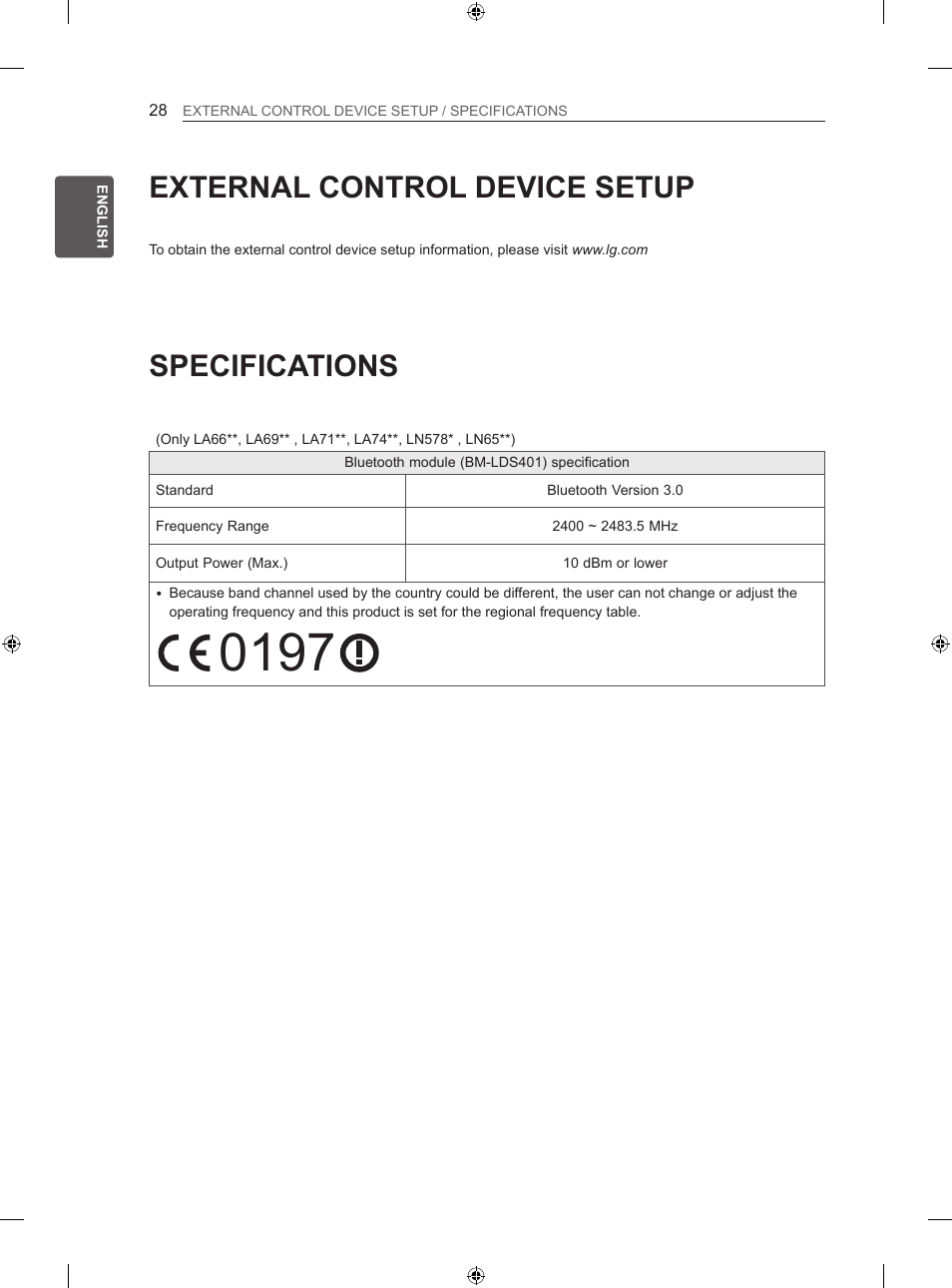 External control device setup, Specifications | LG 47LN613S User Manual | Page 88 / 552