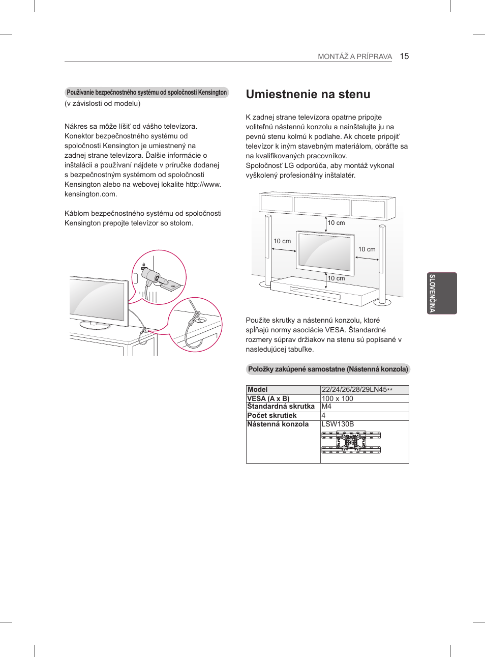 Umiestnenie na stenu | LG 29LN450B User Manual | Page 102 / 375