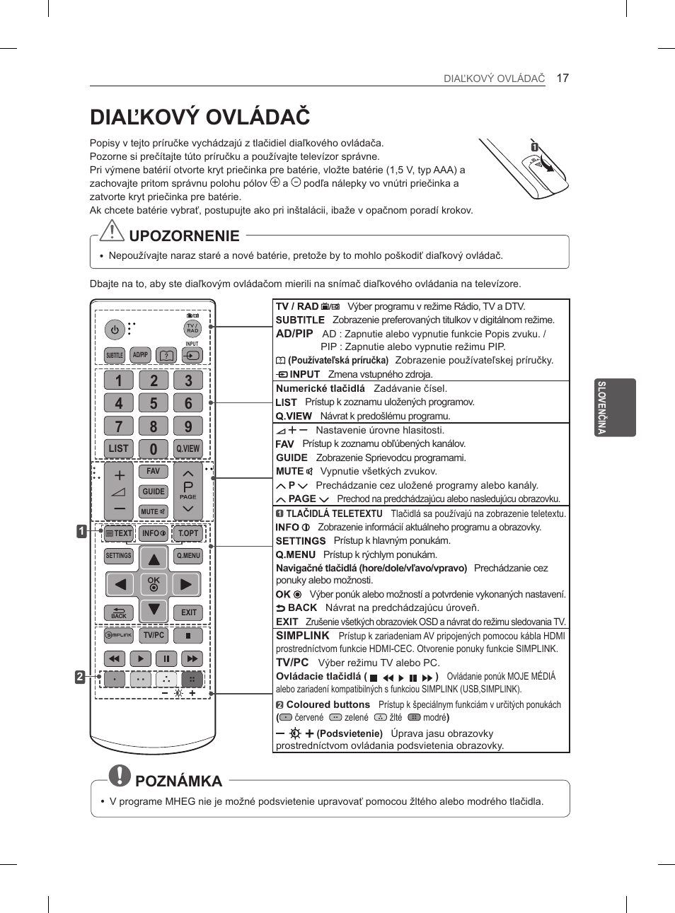 Diaľkový ovládač, Upozornenie, Poznámka | LG 29LN450B User Manual | Page 104 / 375