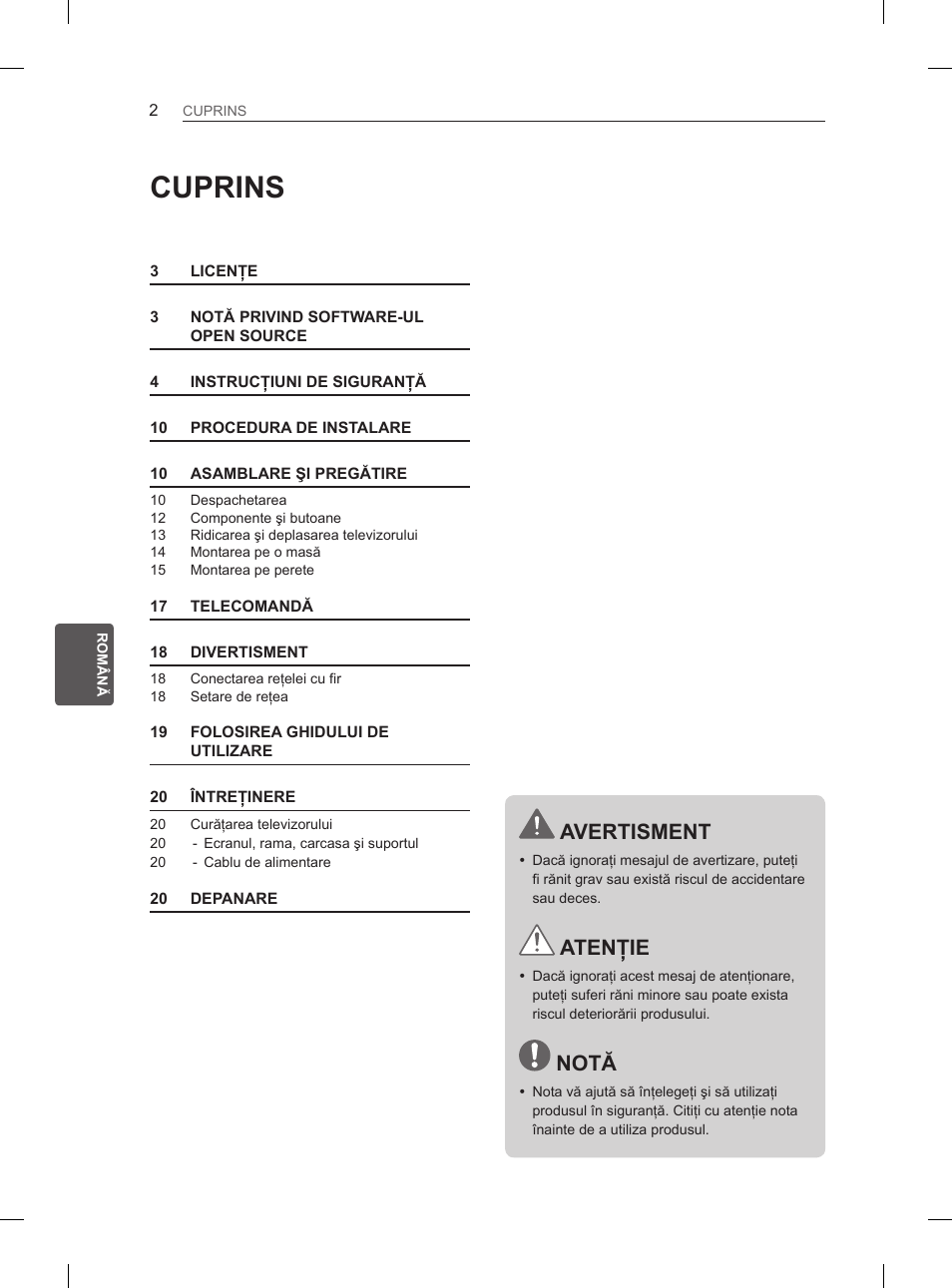 Cuprins, Avertisment, Atenţie | Notă | LG 29LN450B User Manual | Page 109 / 375