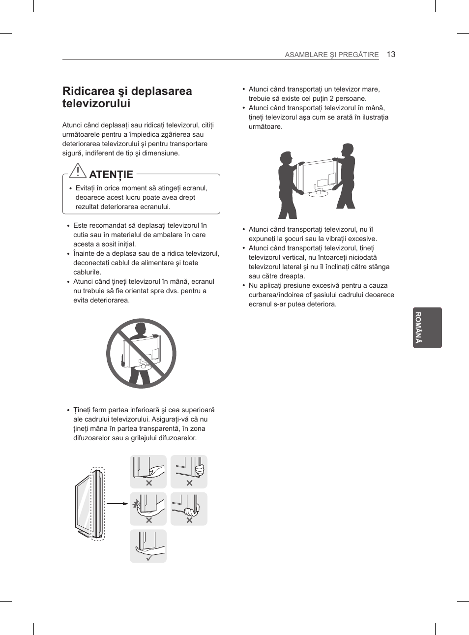 Ridicarea şi deplasarea televizorului, Atenţie | LG 29LN450B User Manual | Page 120 / 375