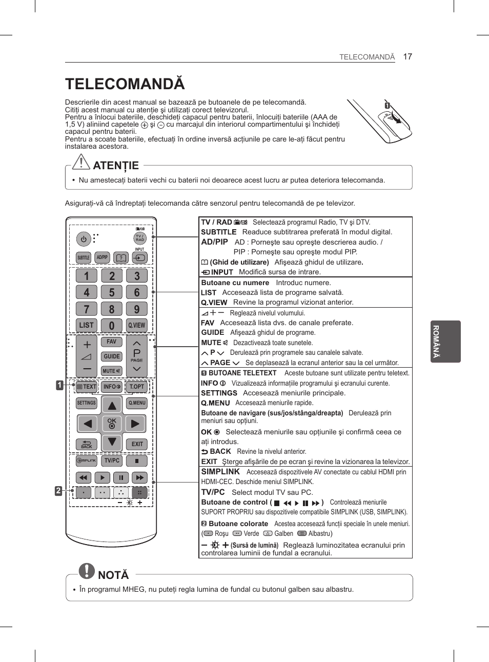 Telecomandă, Atenţie, Notă | LG 29LN450B User Manual | Page 124 / 375