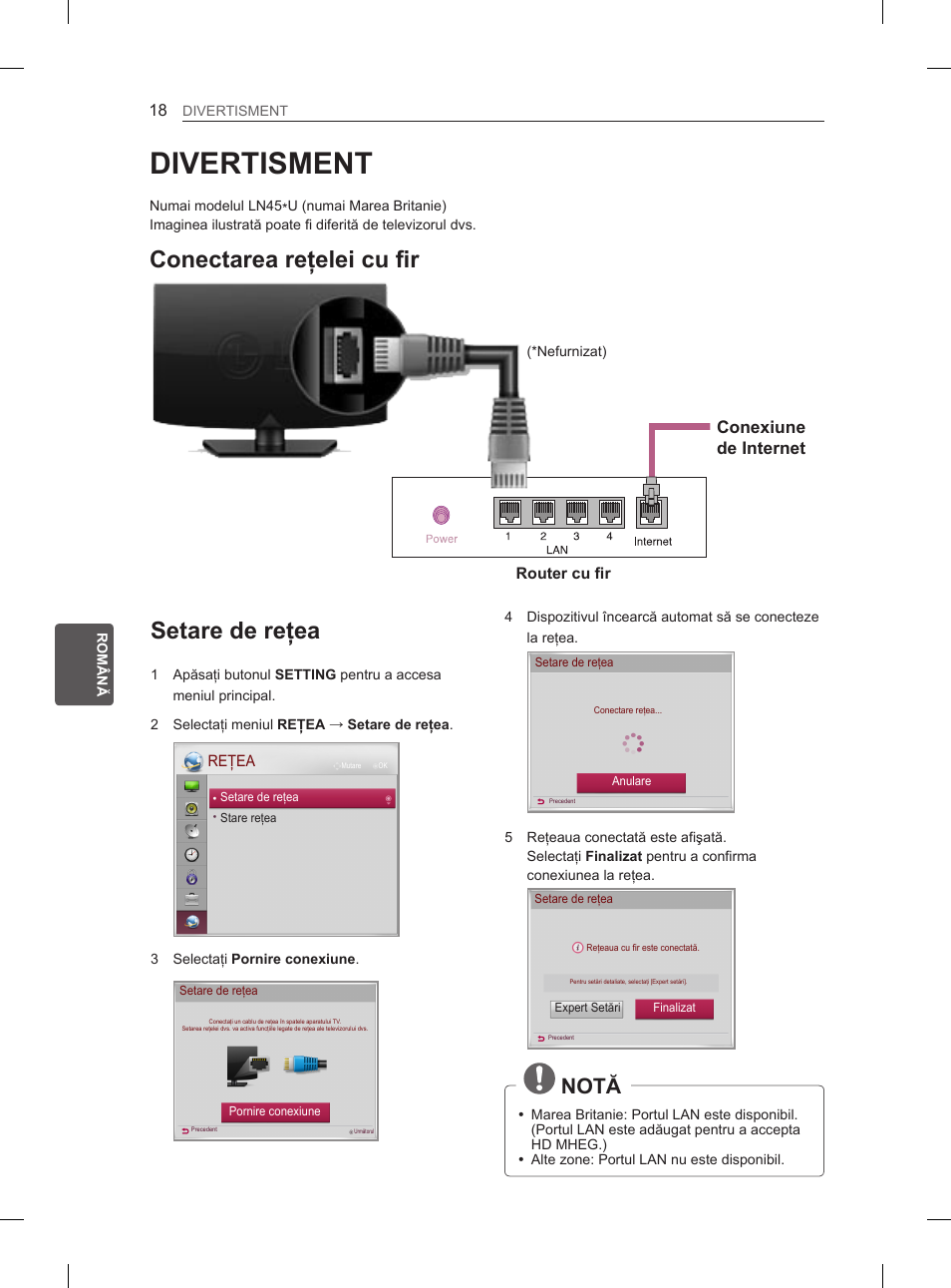 Divertisment, Setare de reţea, Conectarea reţelei cu fir | Notă, Conexiune de internet | LG 29LN450B User Manual | Page 125 / 375