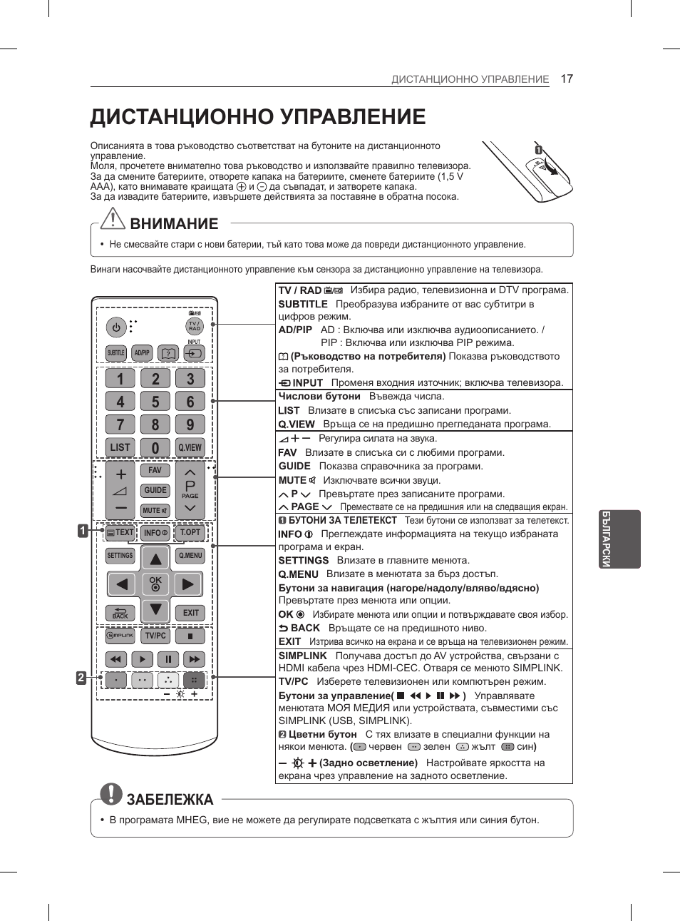 Дистанционно управление, Внимание, Забележка | LG 29LN450B User Manual | Page 144 / 375