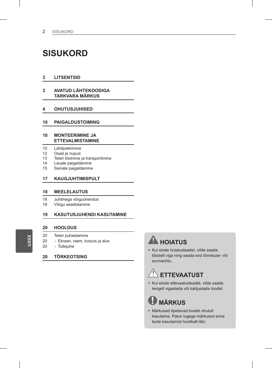 Sisukord, Hoiatus, Ettevaatust | Märkus | LG 29LN450B User Manual | Page 149 / 375