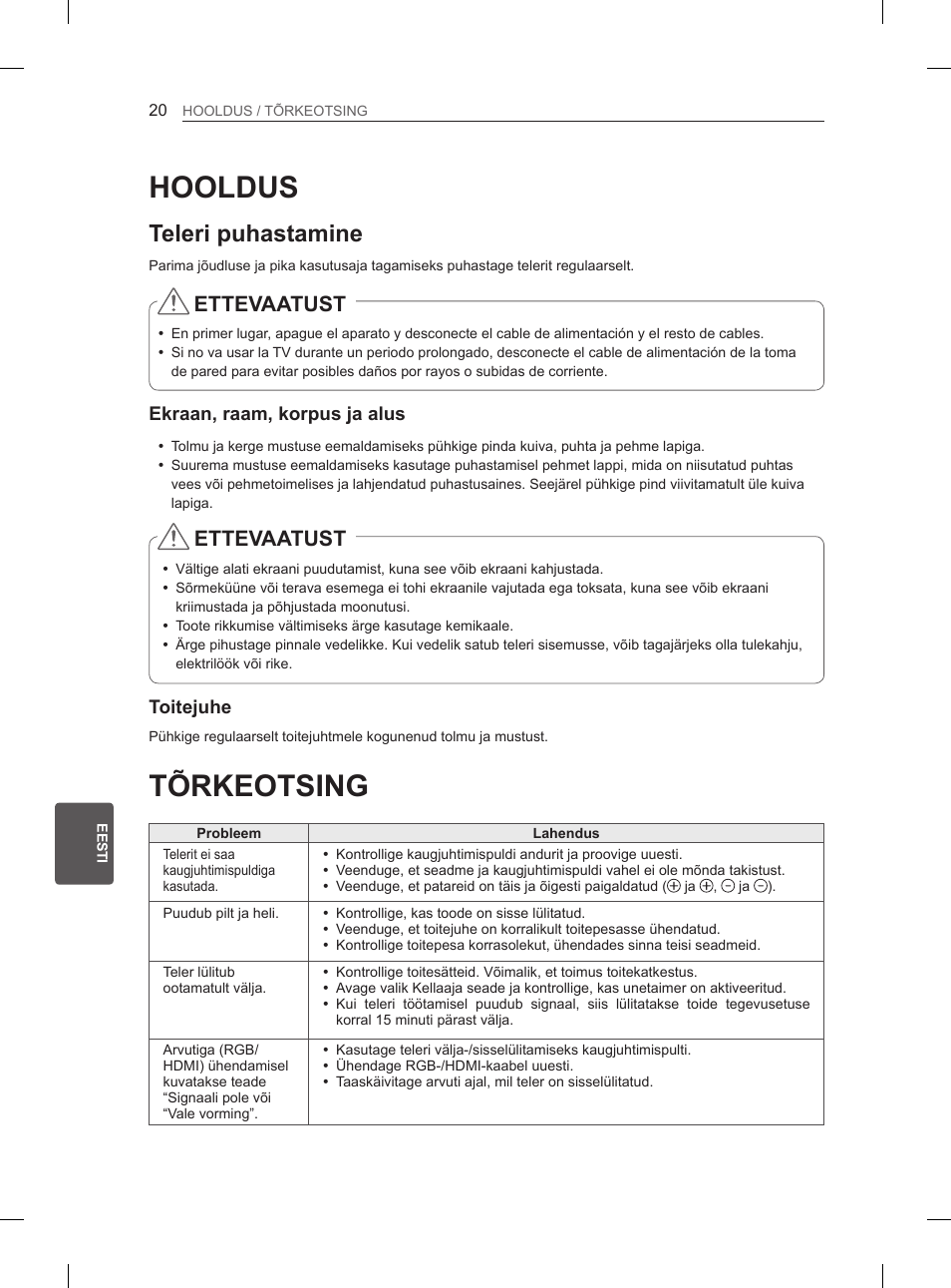 Tõrkeotsing, Hooldus, Teleri puhastamine | Ettevaatust | LG 29LN450B User Manual | Page 167 / 375