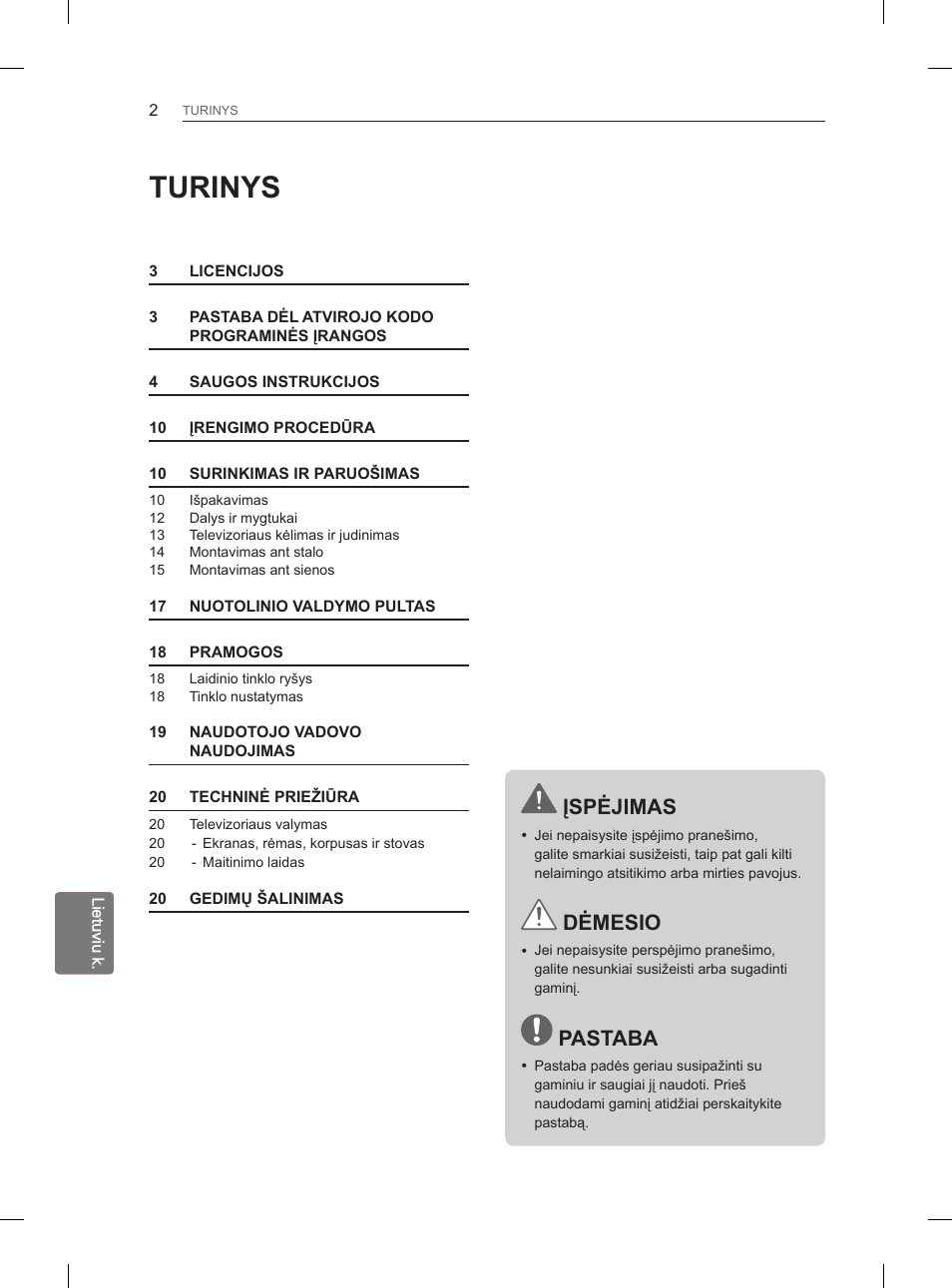 Turinys, Įspėjimas, Dėmesio | Pastaba | LG 29LN450B User Manual | Page 169 / 375