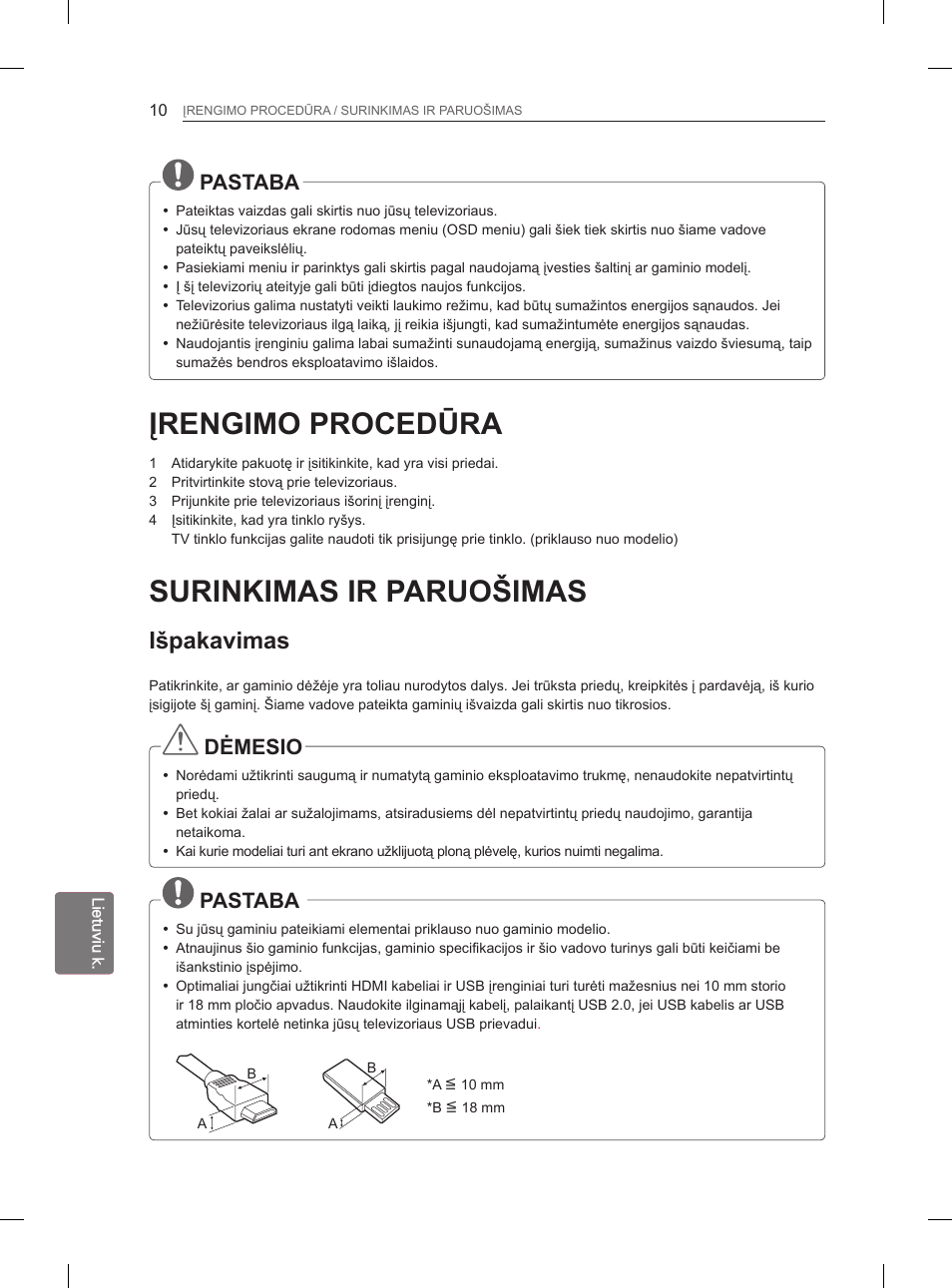 Įrengimo procedūra, Surinkimas ir paruošimas, Išpakavimas | Pastaba, Dėmesio | LG 29LN450B User Manual | Page 177 / 375