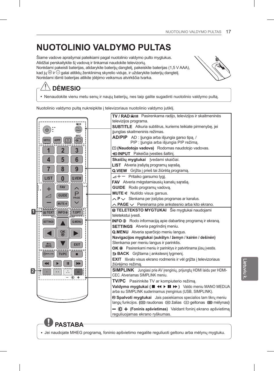 Nuotolinio valdymo pultas, Dėmesio, Pastaba | LG 29LN450B User Manual | Page 184 / 375