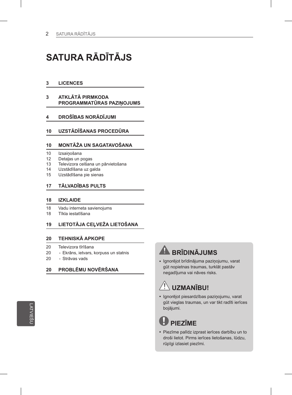 Satura rādītājs, Brīdinājums, Uzmanību | Piezīme | LG 29LN450B User Manual | Page 189 / 375