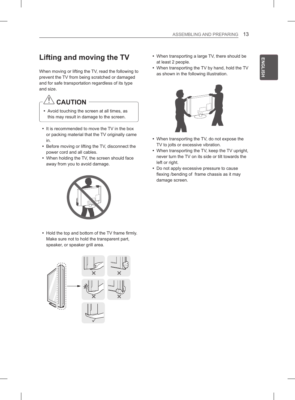 Lifting and moving the tv, Caution | LG 29LN450B User Manual | Page 20 / 375
