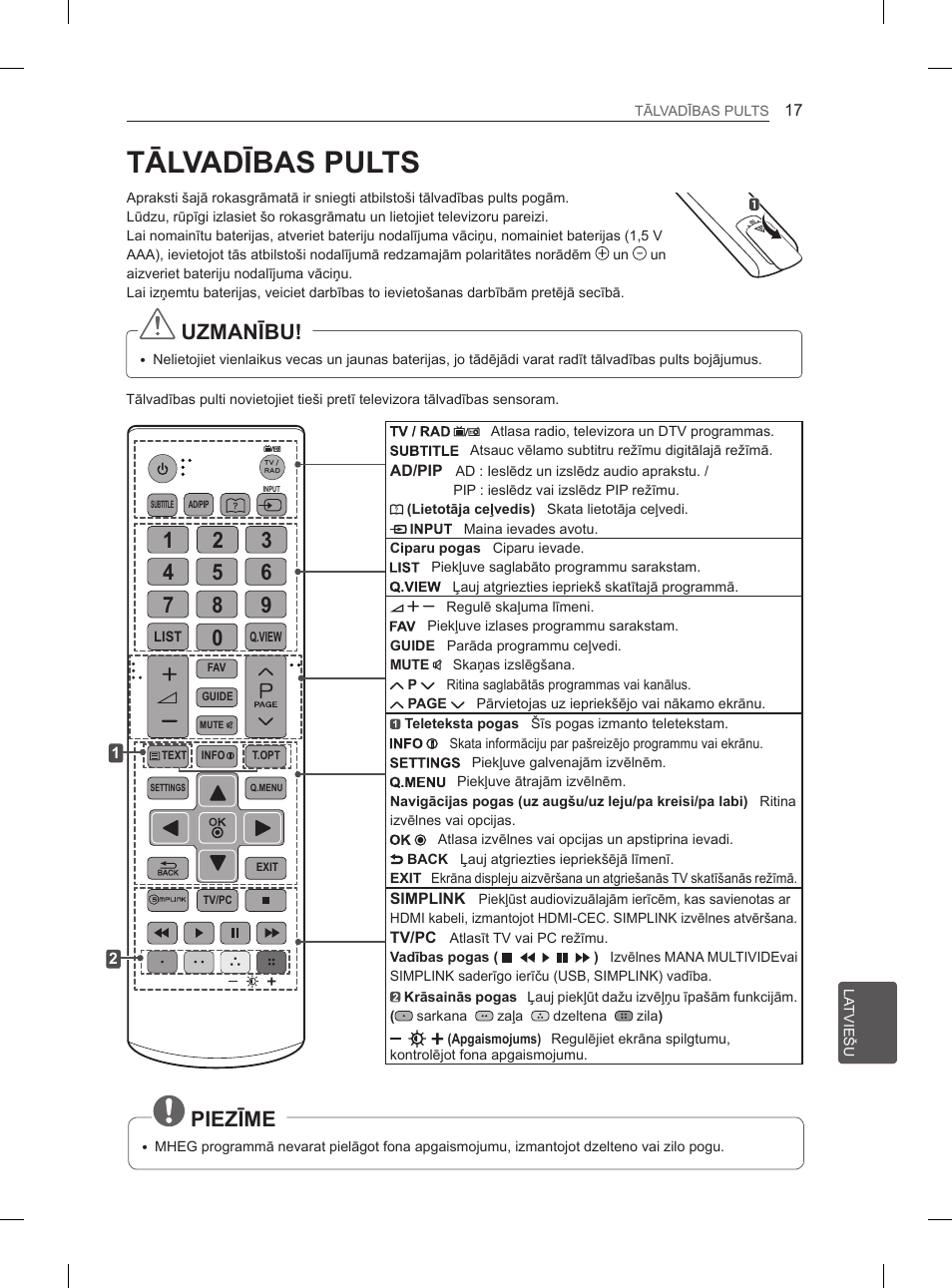 Tālvadības pults, Uzmanību, Piezīme | LG 29LN450B User Manual | Page 204 / 375