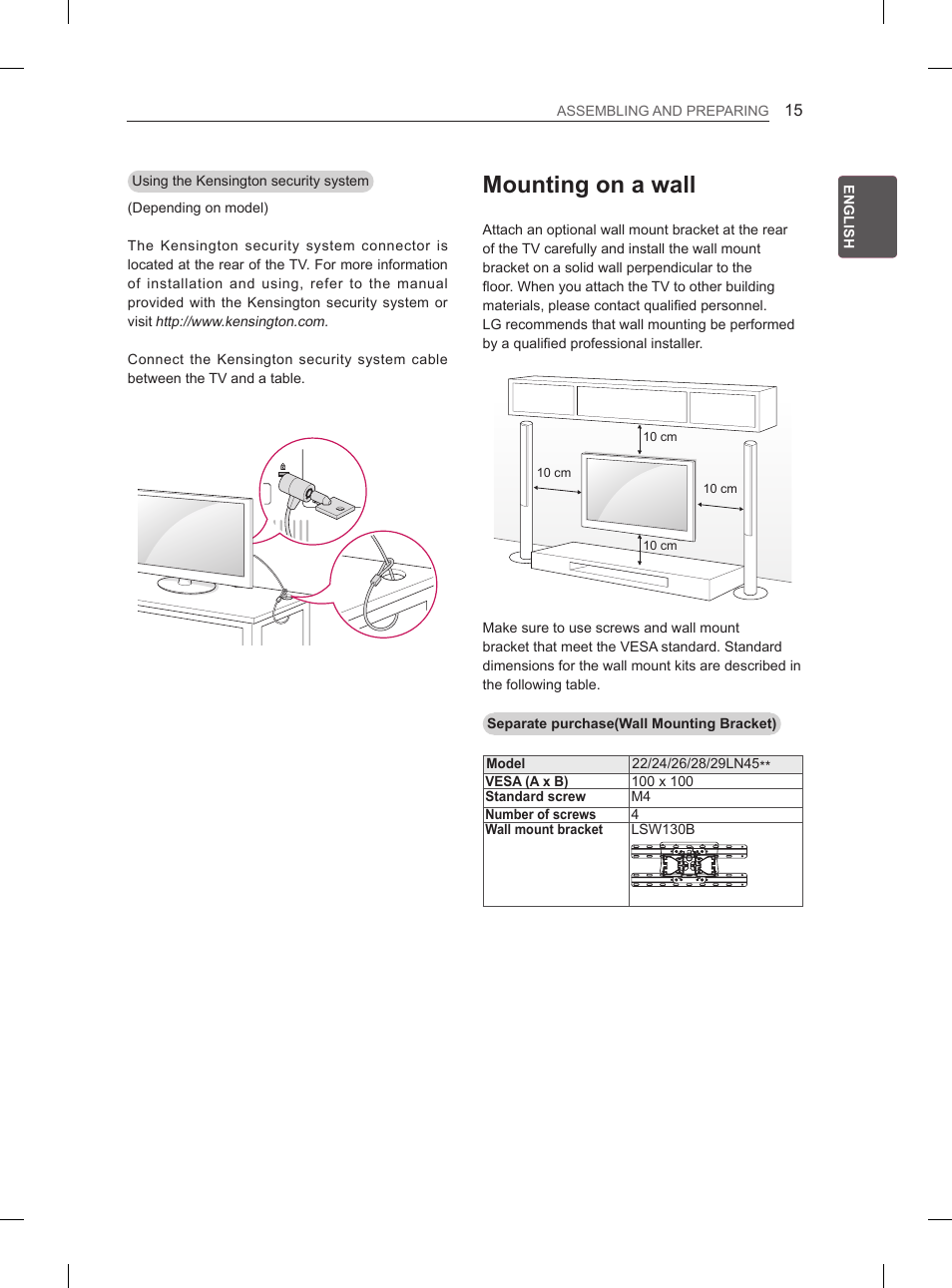 Mounting on a wall | LG 29LN450B User Manual | Page 22 / 375