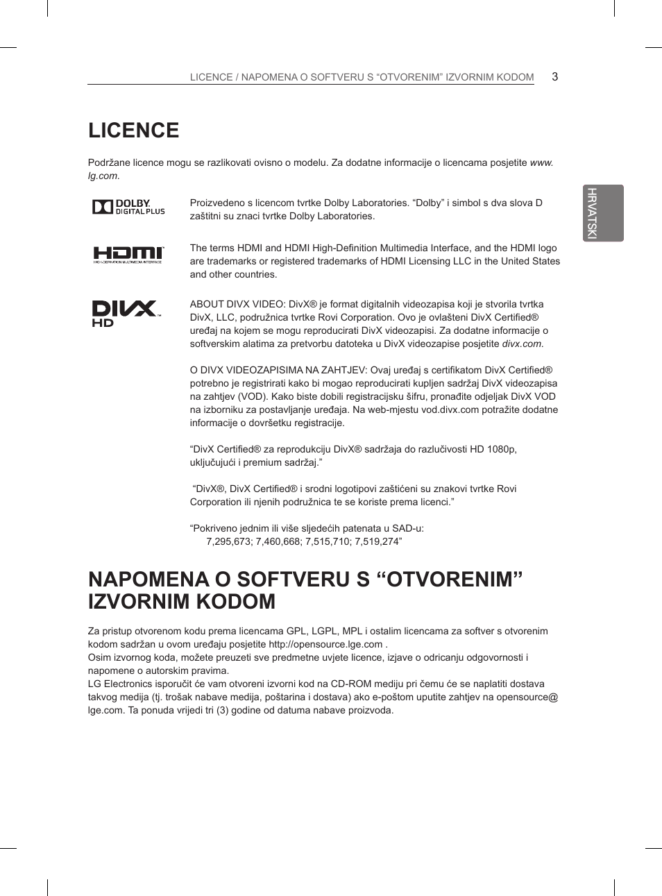 Licence, Napomena o softveru s “otvorenim” izvornim kodom | LG 29LN450B User Manual | Page 230 / 375