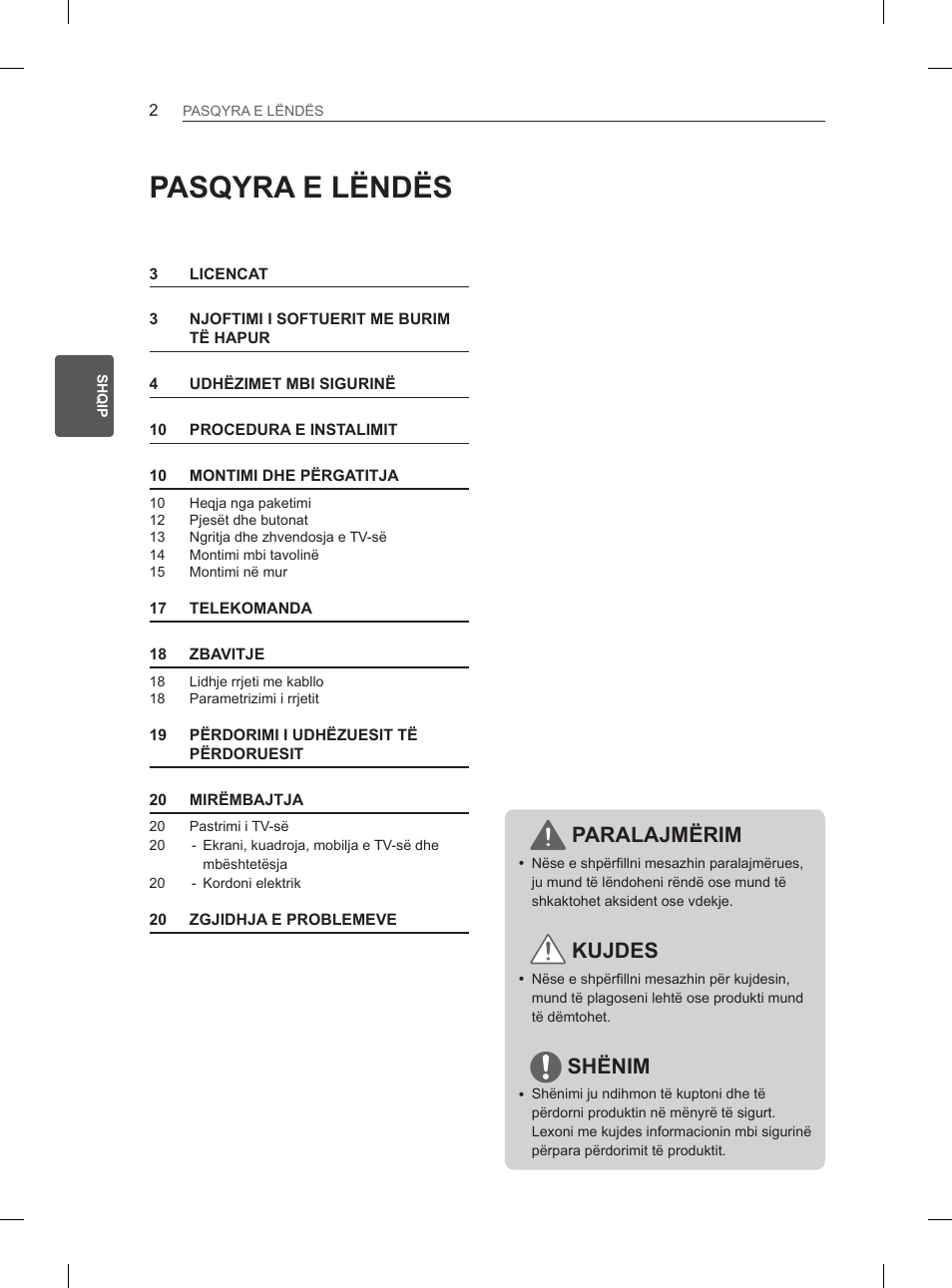 Pasqyra e lëndës, Paralajmërim, Kujdes | Shënim | LG 29LN450B User Manual | Page 249 / 375