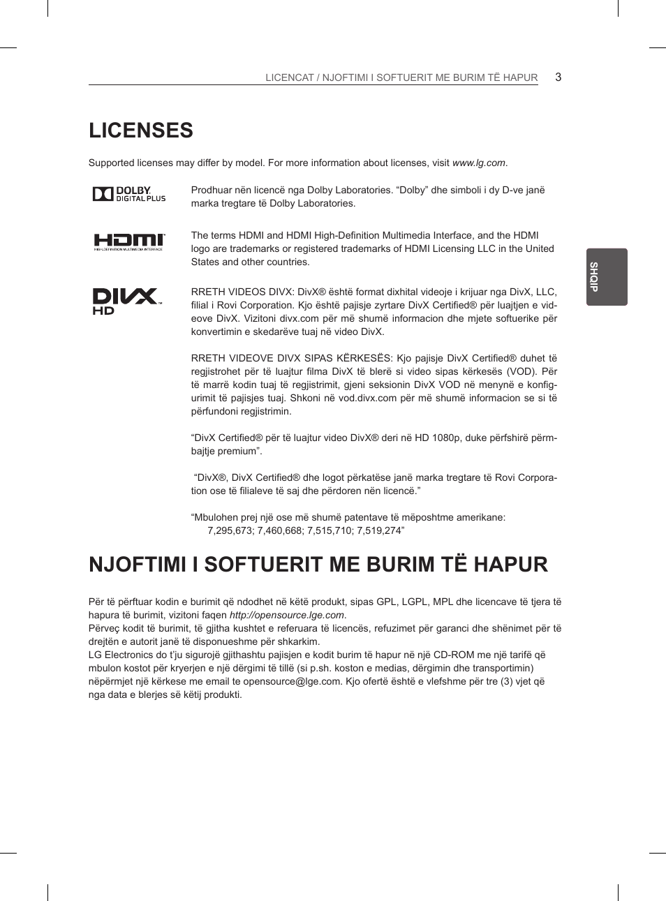 Licenses, Njoftimi i softuerit me burim të hapur | LG 29LN450B User Manual | Page 250 / 375