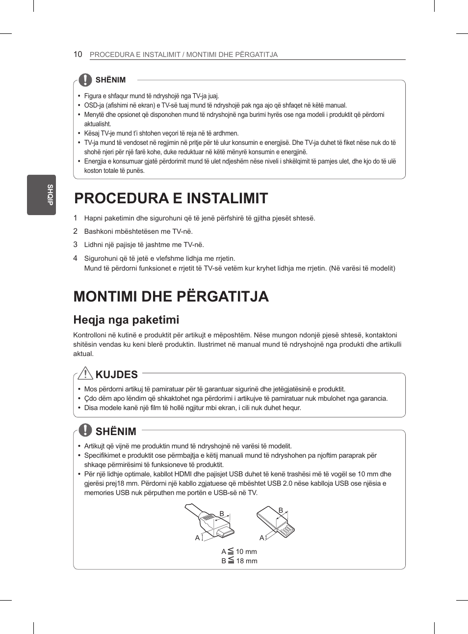 Procedura e instalimit, Montimi dhe përgatitja, Heqja nga paketimi | Kujdes, Shënim | LG 29LN450B User Manual | Page 257 / 375