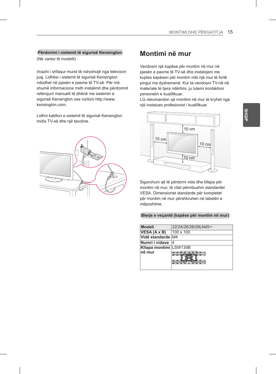 Montimi në mur | LG 29LN450B User Manual | Page 262 / 375