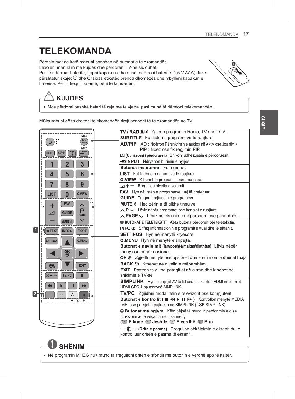 Telekomanda, Kujdes, Shënim | LG 29LN450B User Manual | Page 264 / 375