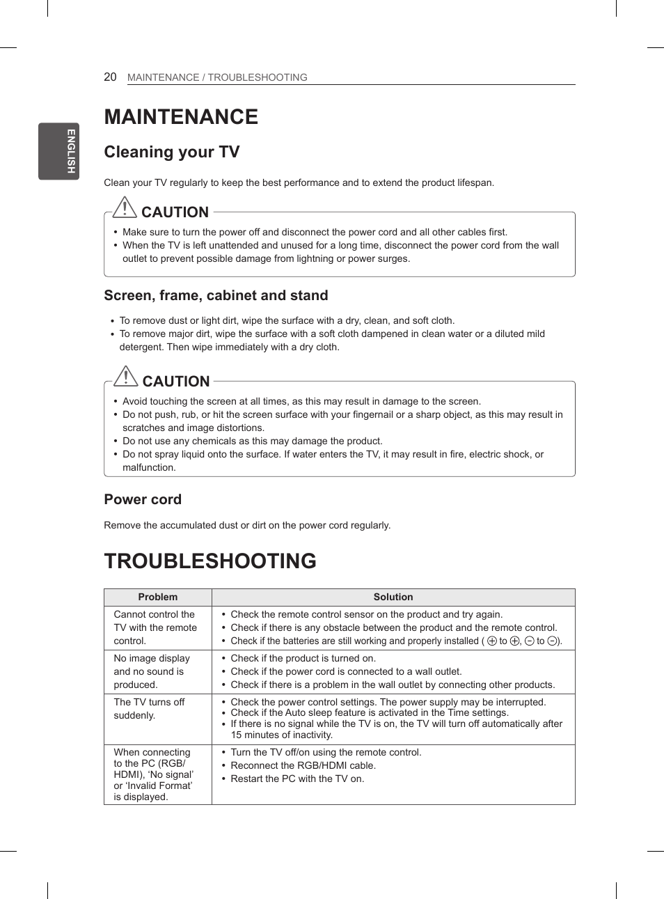 Maintenance, Troubleshooting, Cleaning your tv | Caution, Screen, frame, cabinet and stand, Power cord | LG 29LN450B User Manual | Page 27 / 375
