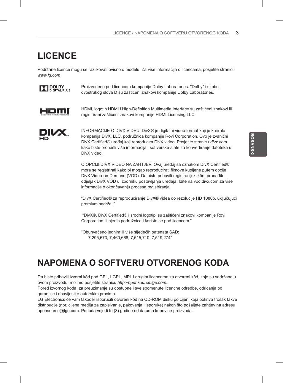 Licence, Napomena o softveru otvorenog koda | LG 29LN450B User Manual | Page 270 / 375