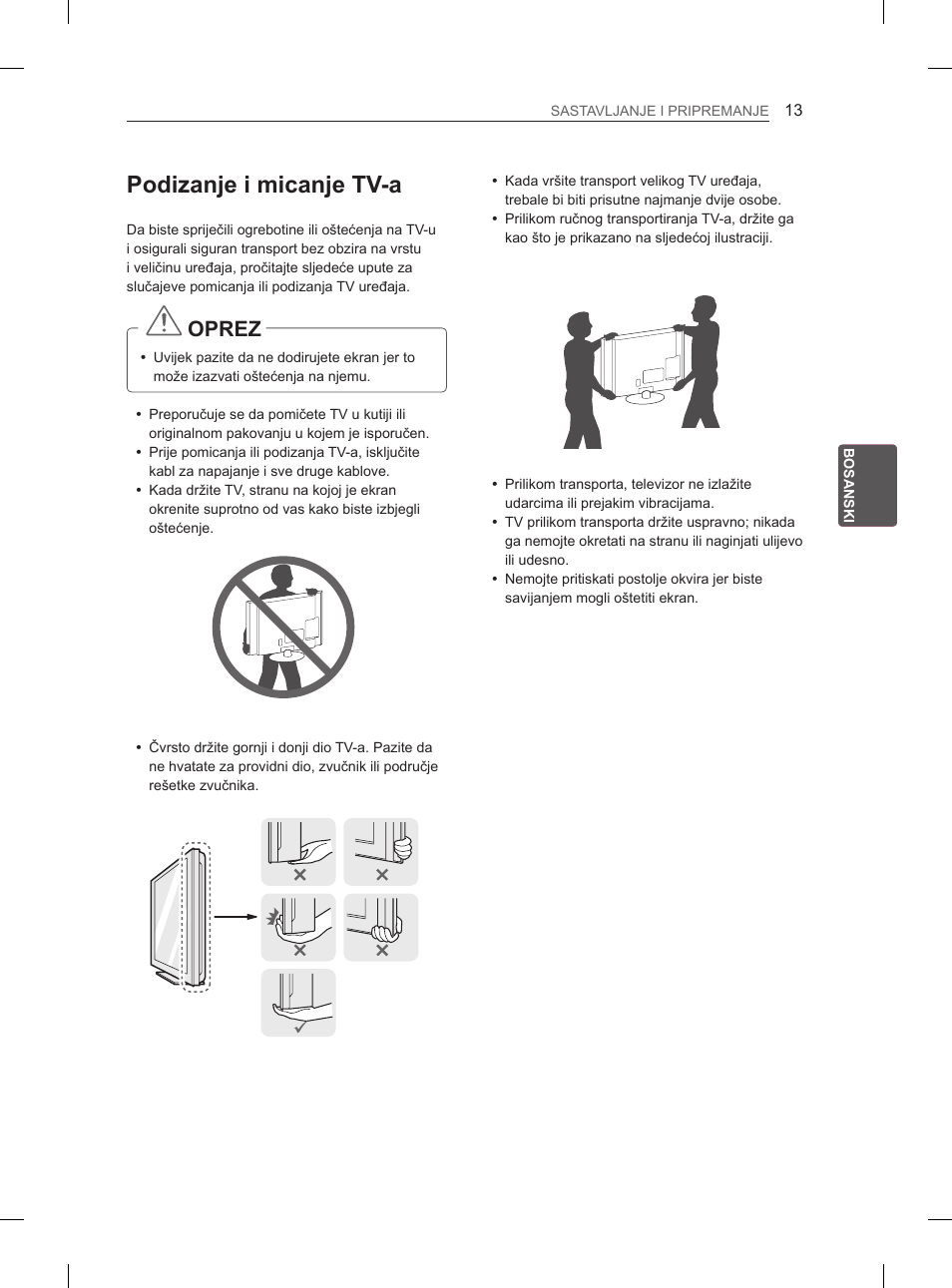 Podizanje i micanje tv-a, Oprez | LG 29LN450B User Manual | Page 280 / 375
