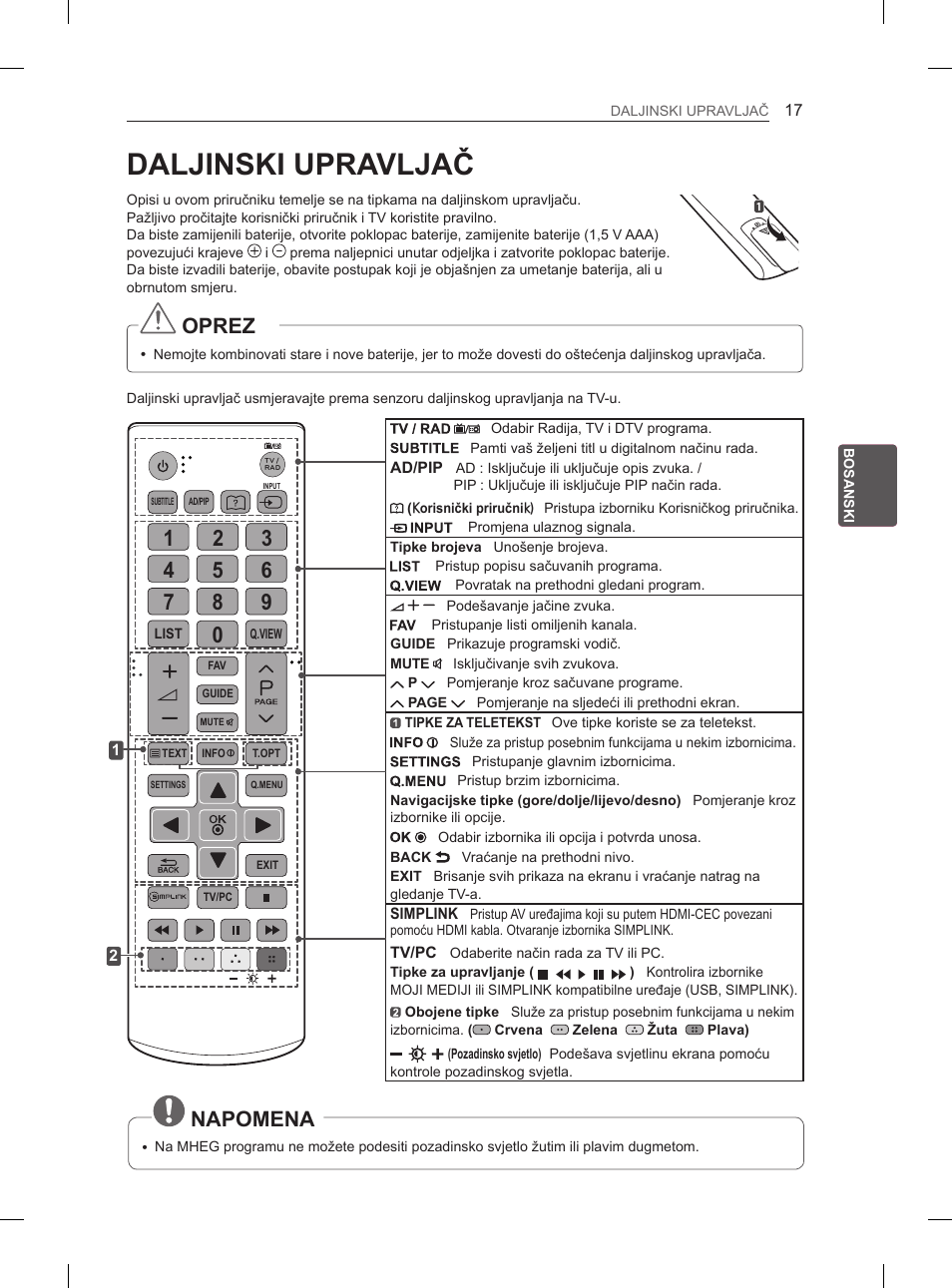 Daljinski upravljač, Oprez, Napomena | LG 29LN450B User Manual | Page 284 / 375