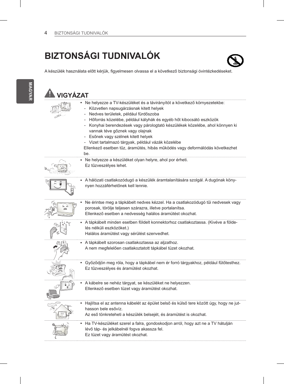 Biztonsági tudnivalók, Vigyázat | LG 29LN450B User Manual | Page 31 / 375