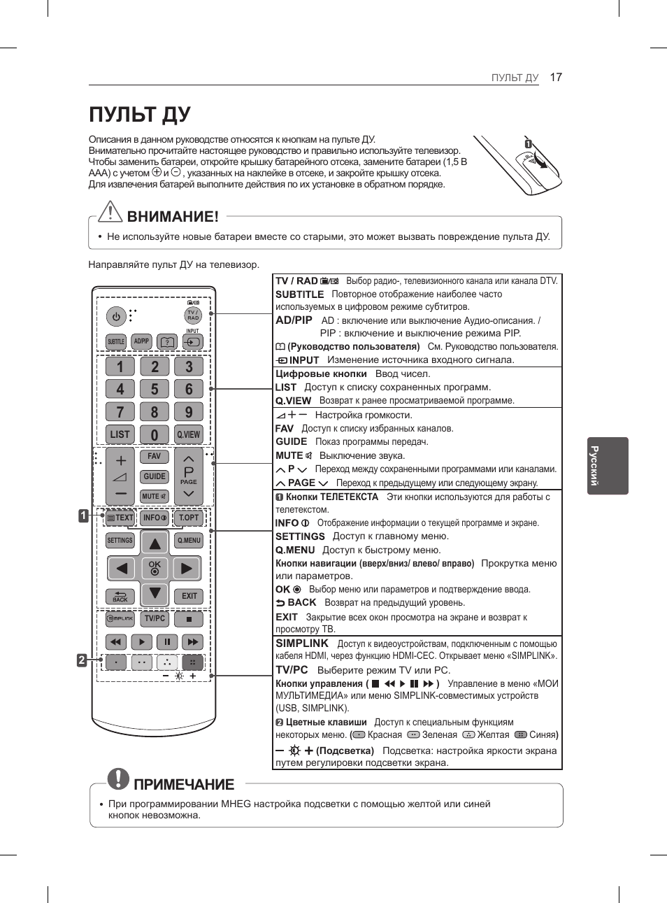 Пульт ду, Внимание, Примечание | LG 29LN450B User Manual | Page 324 / 375