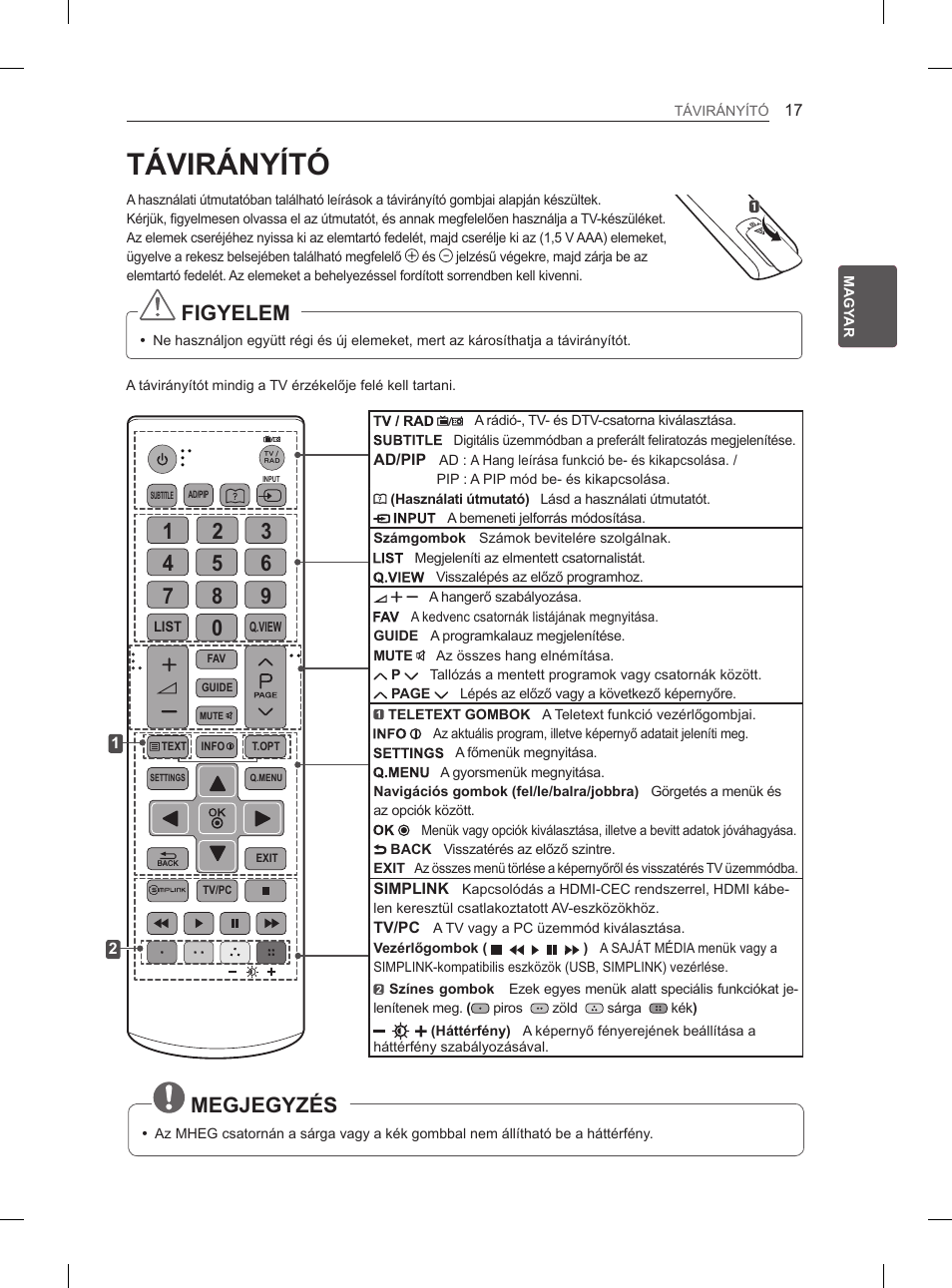 Távirányító, Figyelem, Megjegyzés | LG 29LN450B User Manual | Page 44 / 375