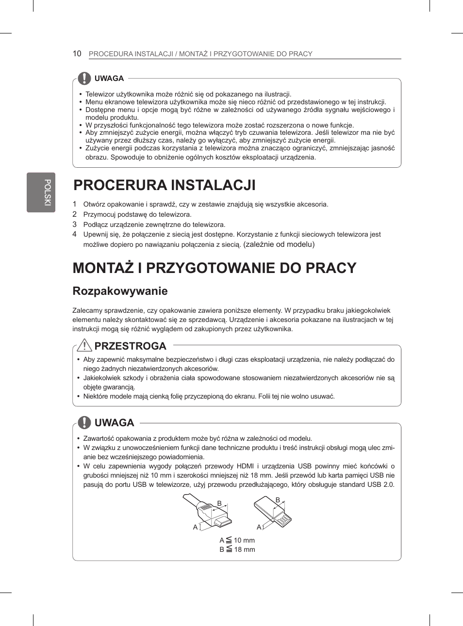 Procerura instalacji, Montaż i przygotowanie do pracy, Rozpakowywanie | Przestroga, Uwaga | LG 29LN450B User Manual | Page 57 / 375