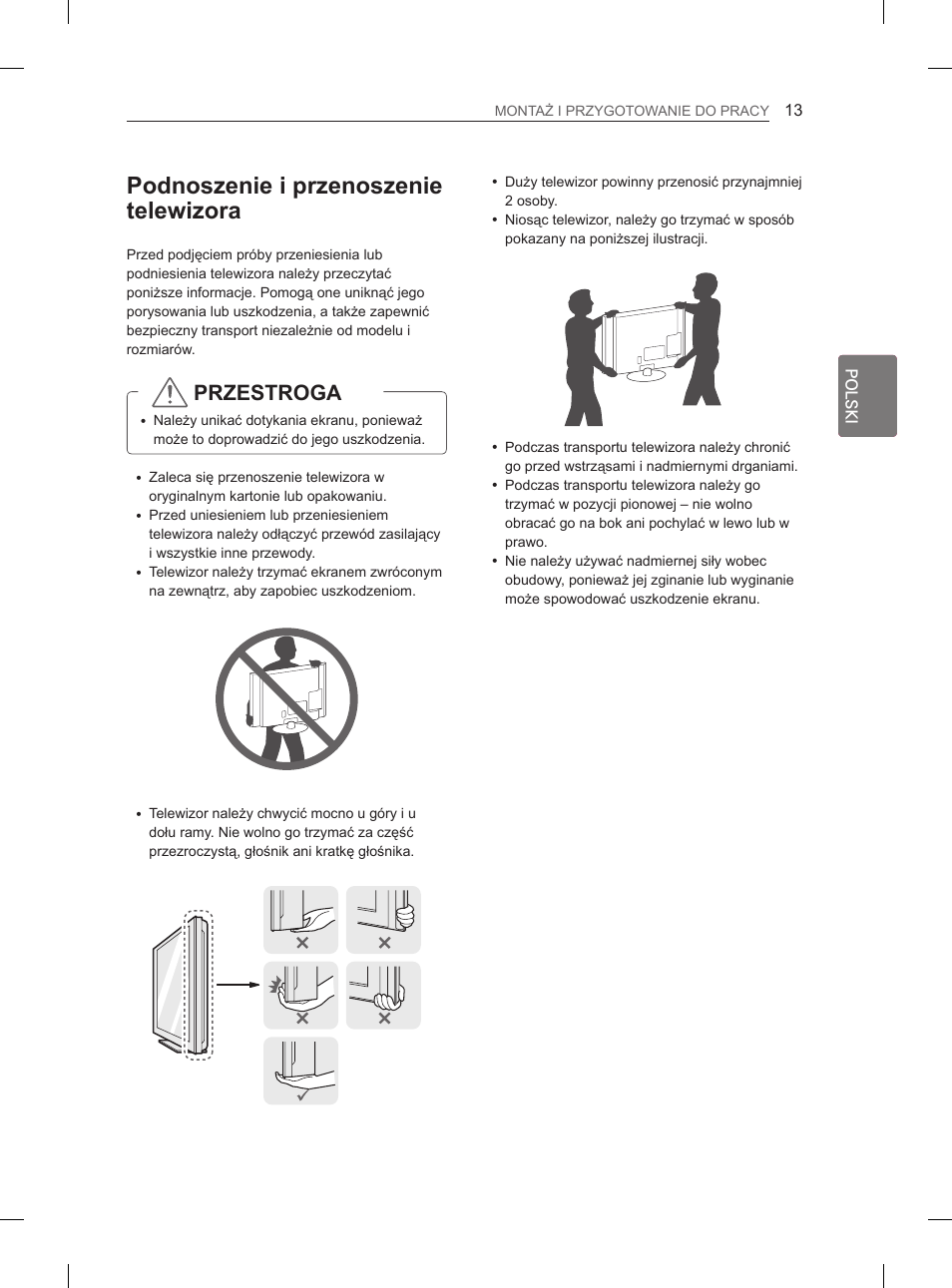 Podnoszenie i przenoszenie telewizora, Przestroga | LG 29LN450B User Manual | Page 60 / 375