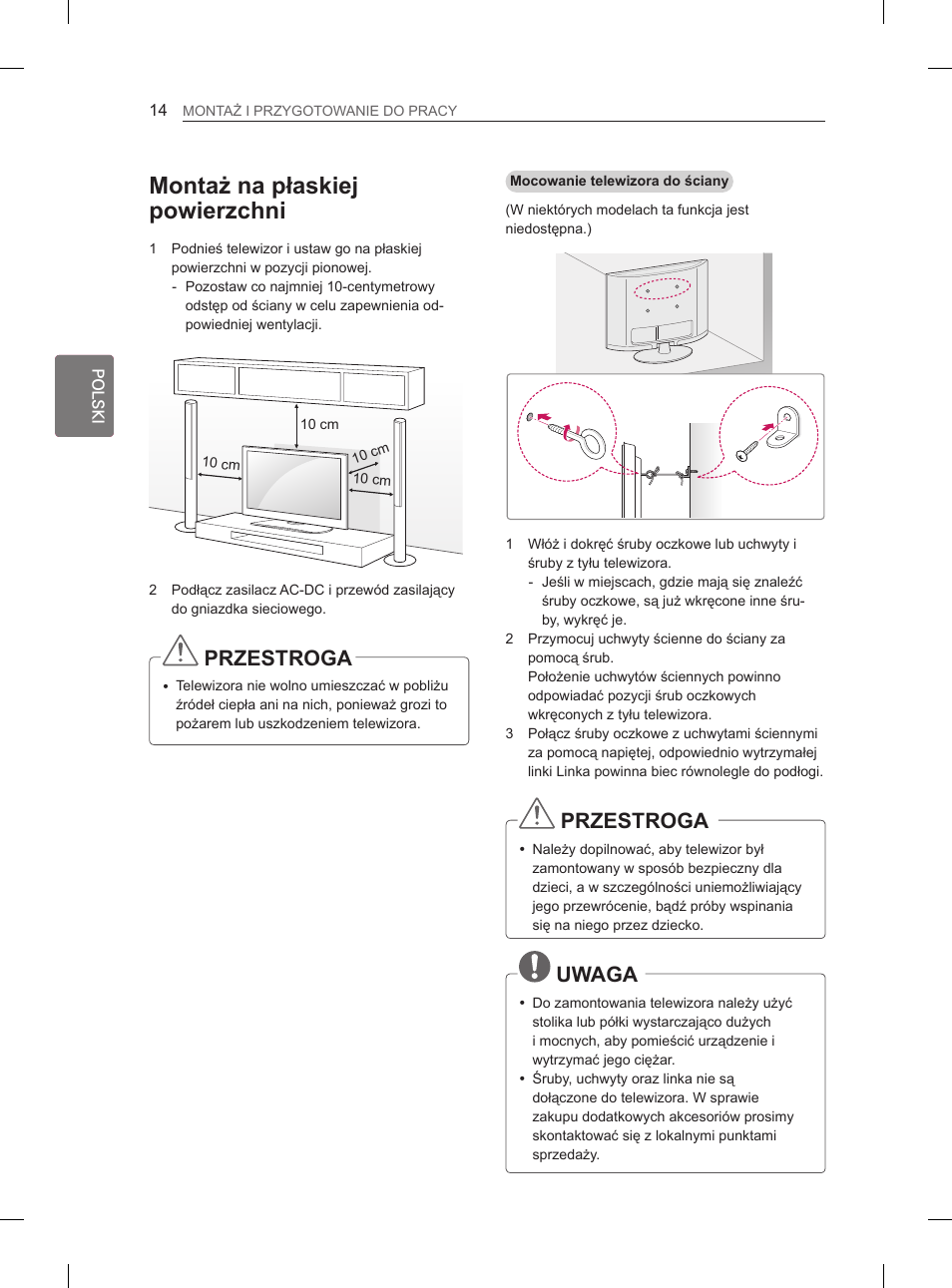 Montaż na płaskiej powierzchni, Przestroga, Uwaga | LG 29LN450B User Manual | Page 61 / 375