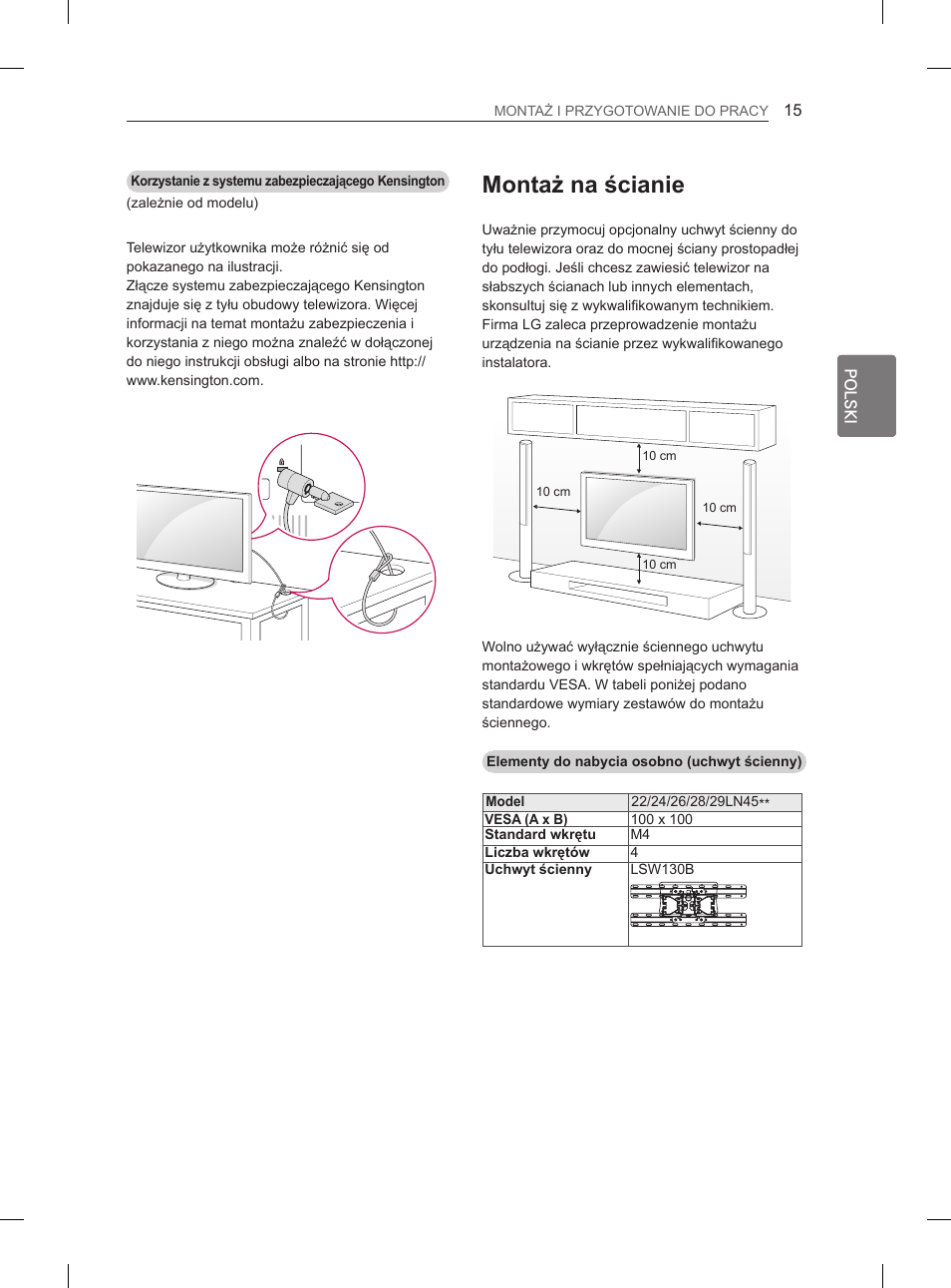 Montaż na ścianie | LG 29LN450B User Manual | Page 62 / 375