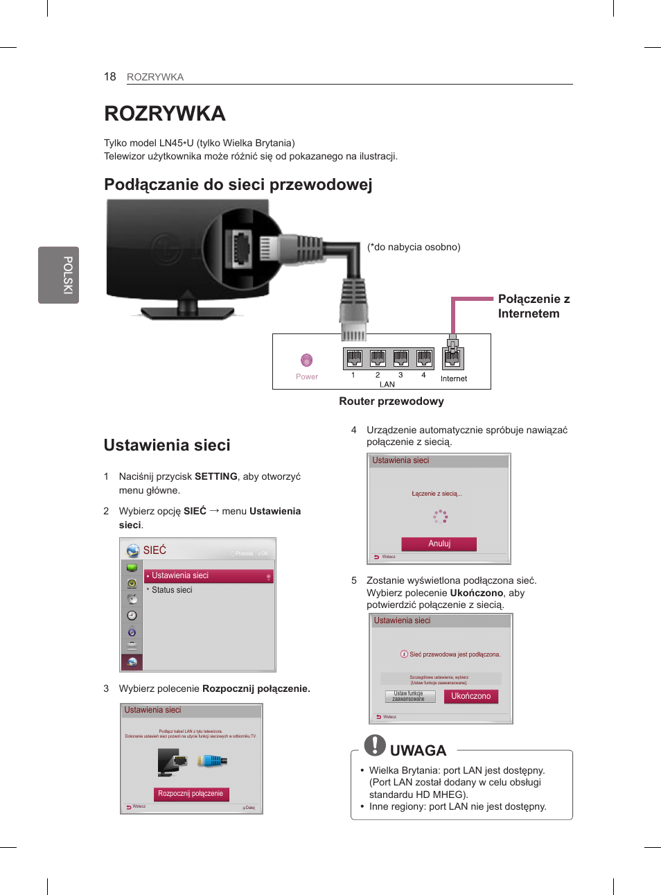 Rozrywka, Ustawienia sieci, Podłączanie do sieci przewodowej | Uwaga, Połączenie z internetem | LG 29LN450B User Manual | Page 65 / 375