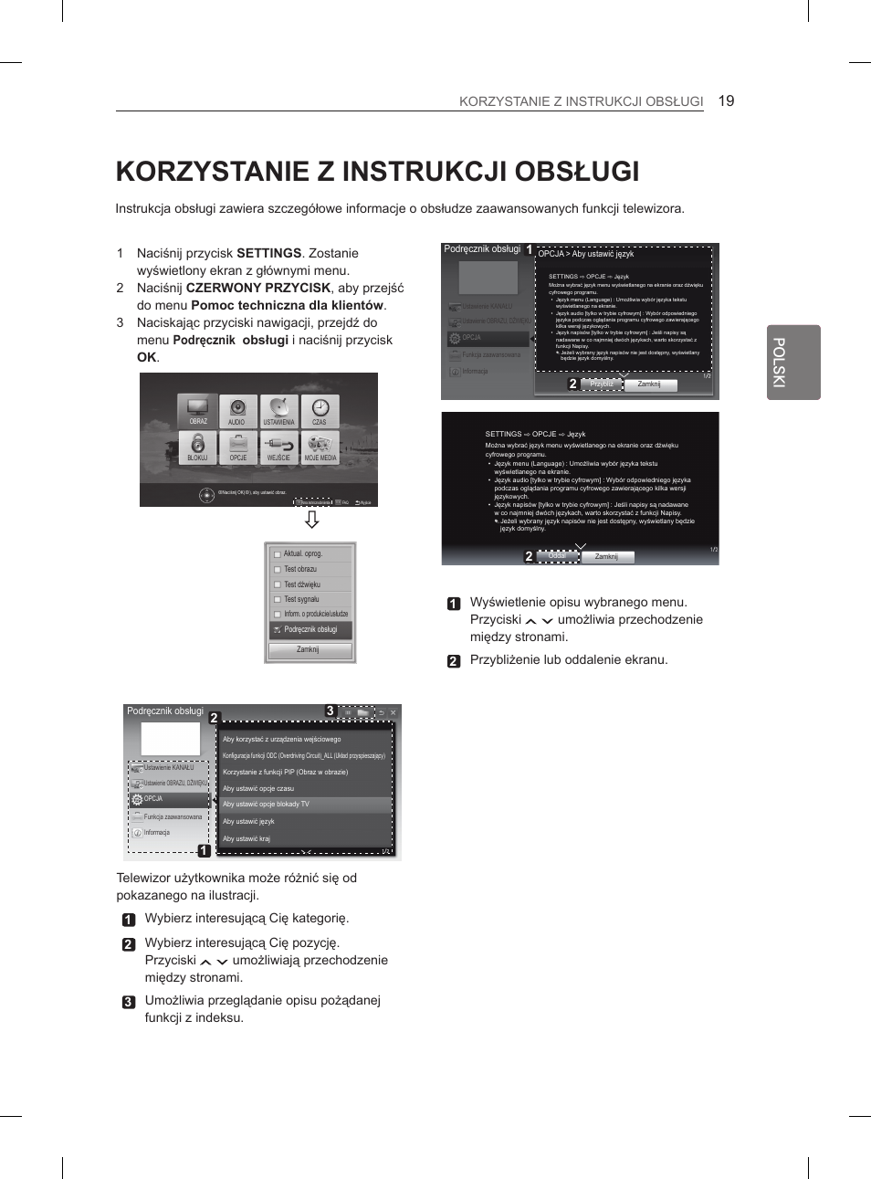 Polski, Korzystanie z instrukcji obsługi, 1wyświetlenie opisu wybranego menu. przyciski | LG 29LN450B User Manual | Page 66 / 375