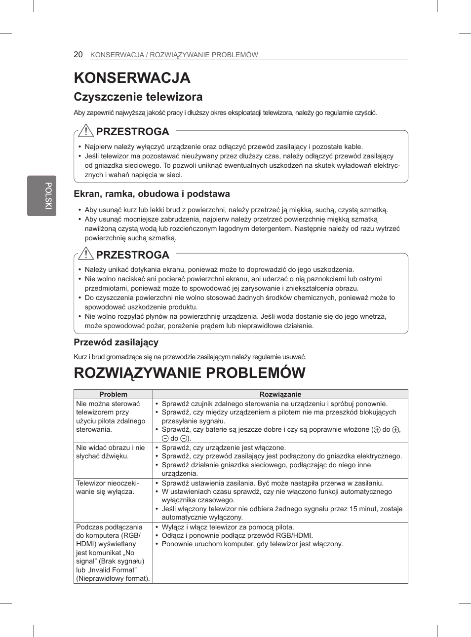 Rozwiązywanie problemów, Konserwacja, Czyszczenie telewizora | Przestroga | LG 29LN450B User Manual | Page 67 / 375