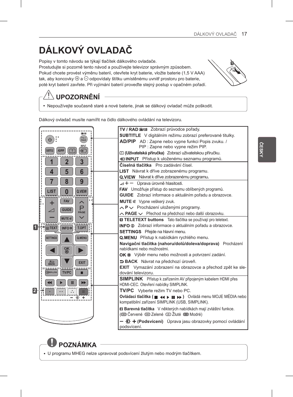 Dálkový ovladač, Upozornění, Poznámka | LG 29LN450B User Manual | Page 84 / 375