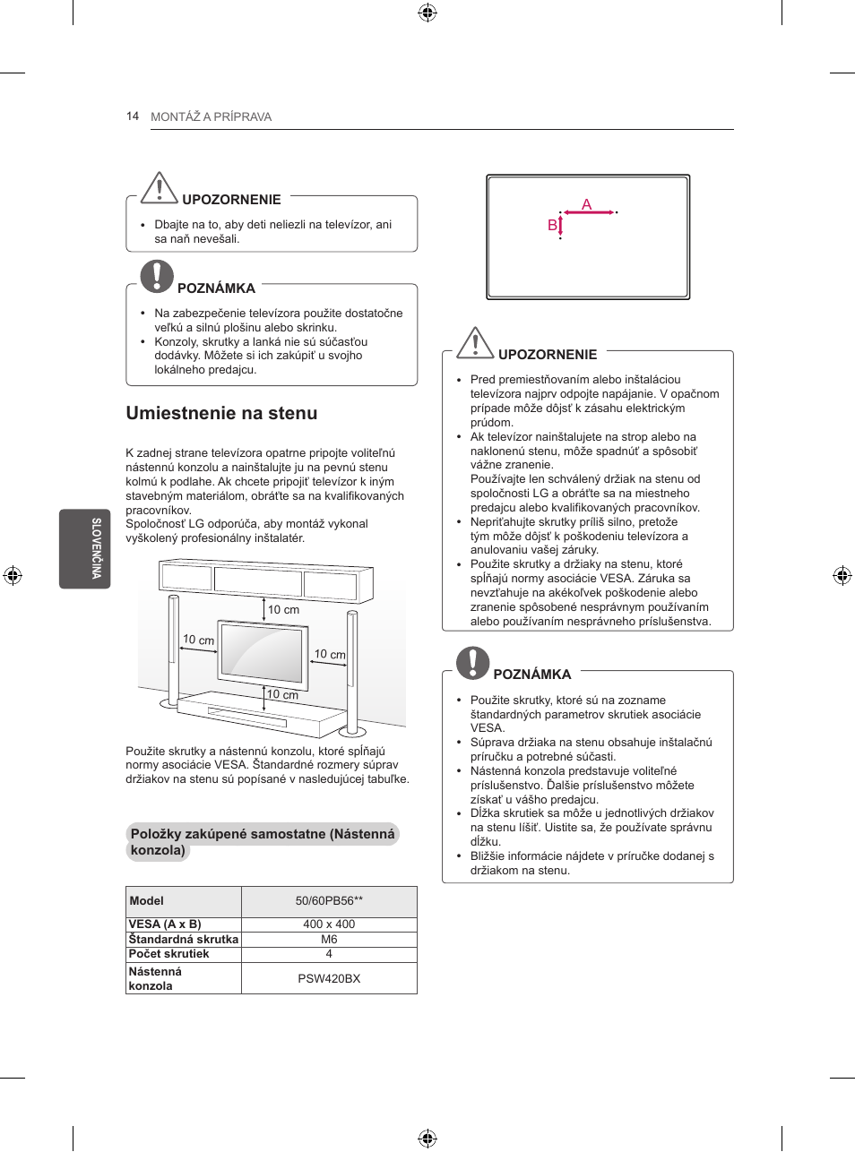 Umiestnenie na stenu | LG 50PB560V User Manual | Page 129 / 387